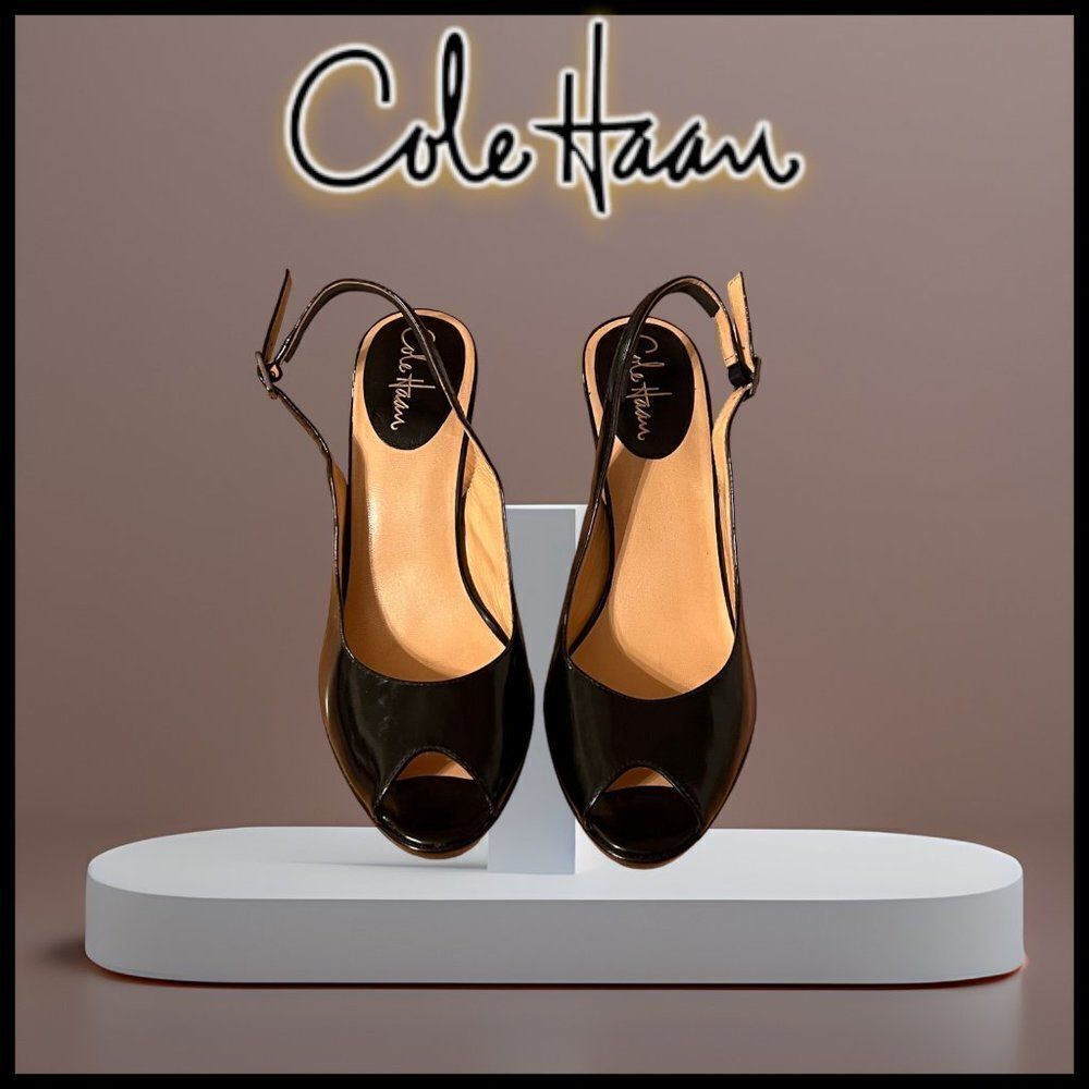 Cole Haan Air Women's Black Patent Leather Peep-Toe Slingback Heels Size 9 AA